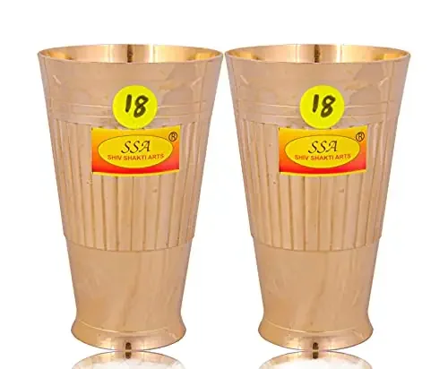 Shiv Shakti Arts Heavy Gauge Line Design Pure Brass Glass – (2 Pieces Set Big – 450 Ml Each Glass – No.18)
