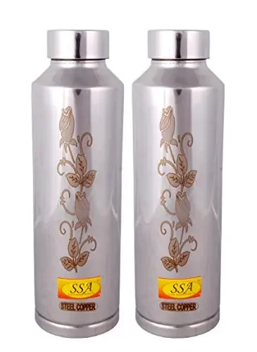 Shiv Shakti Arts Leak Proof Steel Copper Water Bottle for Drinking Water – Aayurveda Good Health Benifit – (Lasser Printed Inside Copper Design 2 Pc = Vol – 1000 ML Each)