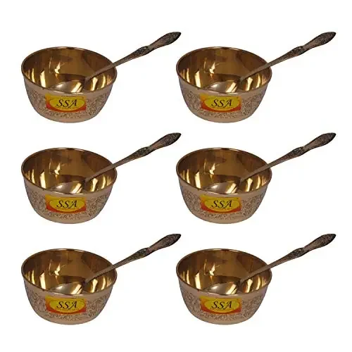 SHIV SHAKTI ARTS Pure Brass Embossed Design Bowl with Designer Spoon (Medium 120 ML) Set of 6