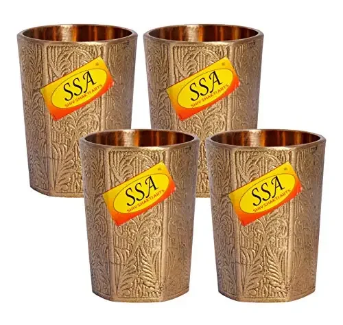Shiv Shakti Arts Pure Brass Glass Tumbler Etching Satkon Design for Drinking Serving Water Decorative Gift Item (4 Pcs = Vol – 180 ML Each)