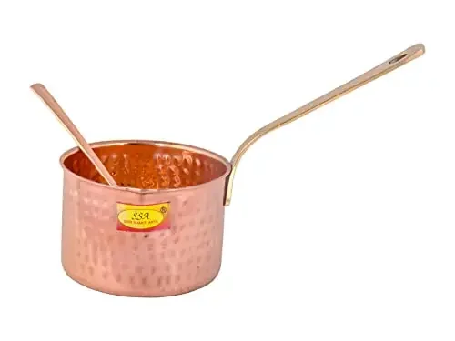 Shiv Shakti Arts Pure Copper Sauce Pan Tadka Pan Heavy Brass Handle with Serving Spoon Indian Home Food Homeware (Big)1 Piece Set