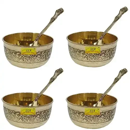 SHIV SHAKTI ARTS Set of 4 Brass Icecream Bowl – 50 ML Each with 4 Spoon Serving Icecream Deserts – Home Hotel Restaurants Tableware Gift Item