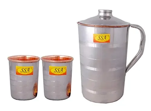 Shiv Shakti Arts Silver Touch Luxury Design Steel Copper Jug Glass Set – 3 Pieces Drinkware Set – (Capacity -2 Liter)