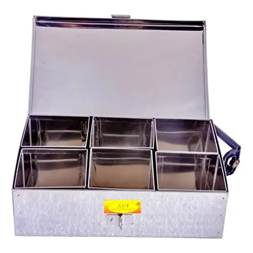 Shiv Shakti Arts Stainless Steel Spice Box 6 Compartment Masala Dabba Utility Container Masala Peti (1 PieceSteelSmall) W-15 cm H-7 cm L-23 cm