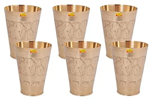 Shiv Shakti ArtsÂ®Handmade Pure Brass Glass Japani Flower Design 6 Piece set Volume – 400 ml