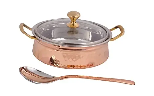 SHIV SHAKTI ARTSÂ® Handmade Steel Copper Hammered Design Handi/Casserole with Spoon Toughened Glass Lid and Brass Knob with Handles (Volume-850 ml- 2 Piece)