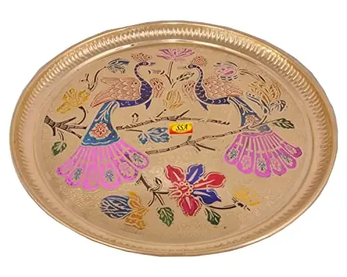 Shiv Shakti Arts® Pure Brass Dinner Plate Thali Set for Pooja & Serving Purpose (Engraved printed peacock Design 12‘‘Inch) – 1 Piece