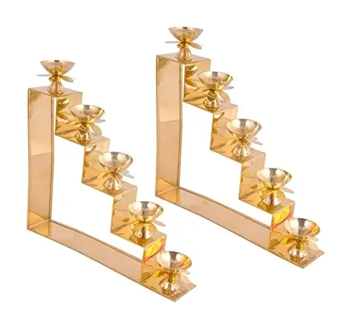 Shiv Shakti Arts® Pure Brass Diya 5 Step Oil Lamp Diya with Lotus Designed Petal Decorative Diya ( Set of 2)