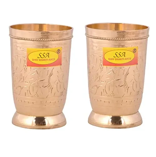 SHIV SHAKTI ARTS® Pure Brass Glass Japani Eaching Design Water and Juice Glass for HomeHotel and Restaurant (2 Piece300 mlYellow)