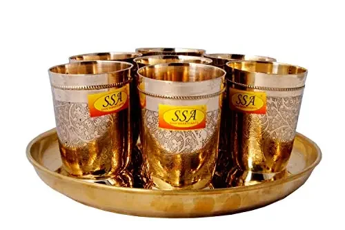 Shiv Shakti Arts® Pure Brass Glass Set with Plate Serving Purpose – Drinkware – Dinnerware Tableware (Embossed Design 7 Glass in 1 Plate Set)