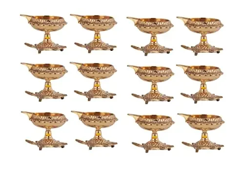 SHIV SHAKTI ARTS® Pure Brass Kuber Diya with Turtle Base (133 Gram) Designer Engraved Diya Deepak for 2022 Navrati Diwali Poojan Decorative Gift.- 12 Piece