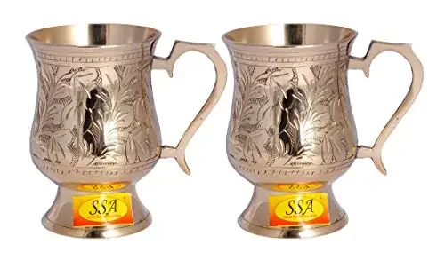 Shiv Shakti ArtsÂ® Pure Brass Mug Use for Drinking Beer/Juice (Etching – Italian Leaf/Mughlai Design 415 ML) – 2 Piece