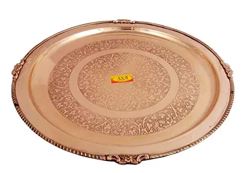 Shiv Shakti ArtsÂ® Pure Brass Plate/Big Thali/Serving Plate for Serving Food Tableware (Embossed Flower Eatching Design Big Size Full Dinner Thali Diameter – 14 Inch)-1 Pc Set