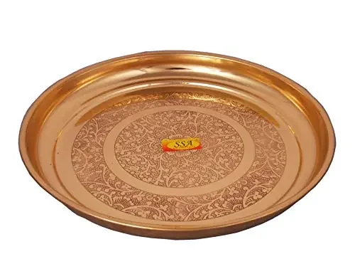 Shiv Shakti ArtsÂ® Pure Brass Plate/Dinner Plate/Pooja Thali Set Serving Food – Tableware (Embossed Flower Khumcha Design Diameter – 29 cm)-1 Pc Set