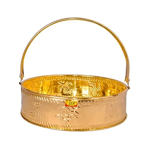 Shiv Shakti ArtsÂ® Pure Brass Traditional Designer Basket Round Shape Engraved Laxmi Ji Design Basket for Pooja Purpose(Home & Temple Decor) Small.