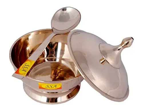 Shiv Shakti ArtsÂ® Pure Bronze Kansa Serving Donga Bowl Handi Casserole with Serving Spoon for Serving Food Tableware/Serveware (Gold 700 ML)