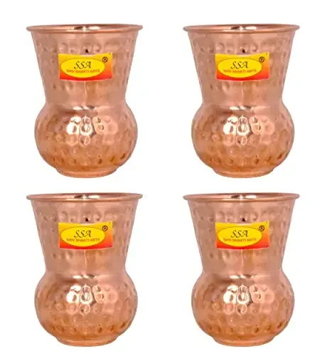 Shiv Shakti ArtsÂ® Pure Copper Glass Tumbler Designer Matka Glass Use in Hotel Resturants Drinkware (Hammer Matka Design – Brown 500 ML) – Set of 4