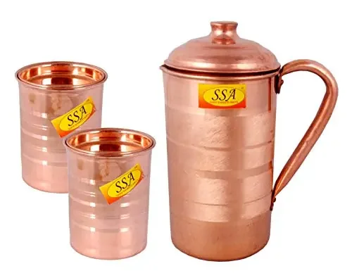 Shiv Shakti ArtsÂ® Pure Copper Jug/Pitcher with 2 Glasses – Drinkware Set – Silver Touch Design – (Capacity = 1.1 – Liter) – 3 Pieces Set