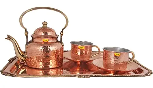 Shiv Shakti ArtsÂ® Pure Copper Tray Karvi Eatching Design Serving With 1 Pure Copper kettle with 2 Copper cup & saucer Morning Tea cup set tableware serveware. (6 Pieces set)