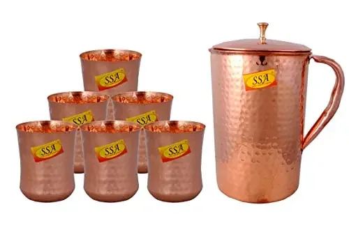 Shiv Shakti ArtsÂ® Shinee Hammer Design Copper Jug Glasses Set Antique Luxury Design – (Capacity – 1.8 Liter) – 7 Pieces Drinkware Set