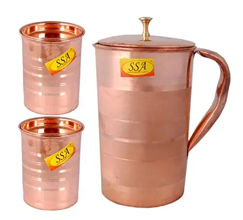 Shiv Shakti ArtsÂ® Silver Touch Design Classic Pure Copper Jug/Pitcher with 2 Glasses & Brass Top Drinkware Set – (Volume – 1.45 Liter) – 3 Pieces Set