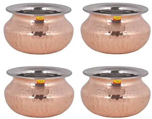 Shiv Shakti ArtsÂ® Steel Copper Handi – Punjabi & Rajasthani Design – for Serving Food(No.2-650 ML) Set Of 4 Piece.