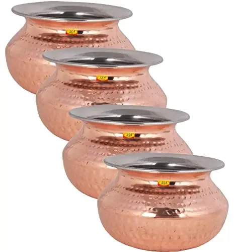 Shiv Shakti ArtsÂ® Steel Copper Handi – Punjabi & Rajasthani Design – for Serving Food(No.4-1750 ML) Set Of 4 Piece.