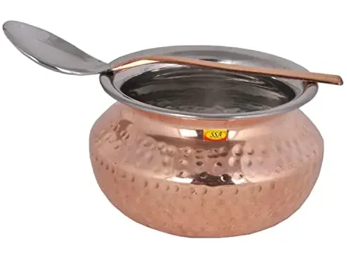 Shiv Shakti ArtsÂ® Steel Copper Handi with Serving Spoon – Punjabi & Rajasthani Design – for Serving Food(No.1-500 ML) Set Of 1 Piece.