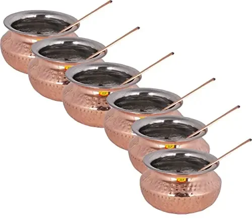 Shiv Shakti ArtsÂ® Steel Copper Handi with Serving Spoon – Punjabi & Rajasthani Design – for Serving Food.(No.2-650 ML) Set Of 6 Piece.