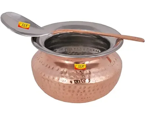 Shiv Shakti ArtsÂ® Steel Copper Handi with Serving Spoon – Punjabi & Rajasthani Design – for Serving Food.(No.3-1000 ML) Set Of 1 Piece.