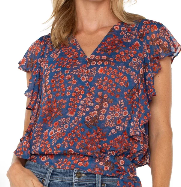 Short Ruffle Sleeve Draped Front Blue Pink Floral