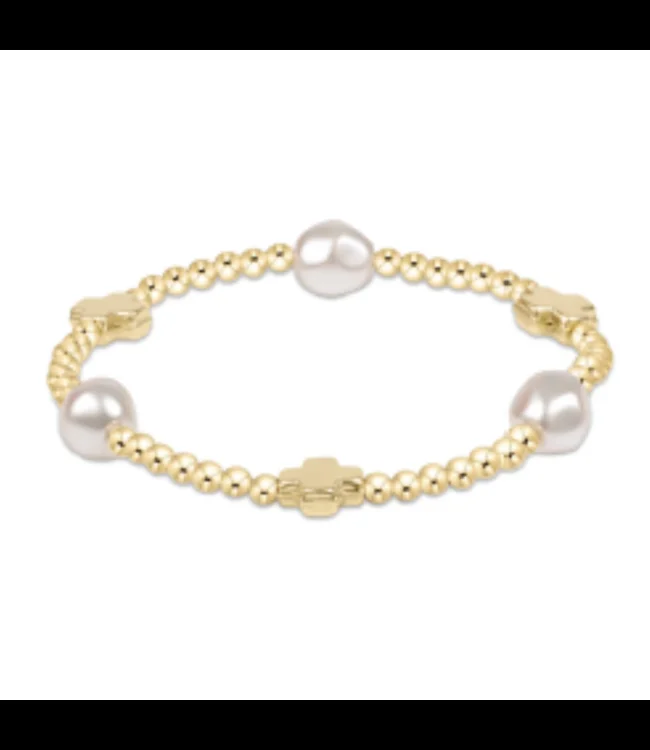 SIGNATURE CROSS ADMIRE PEARL PATTERN 3MM BEAD BRACELET – GOLD/PEARL