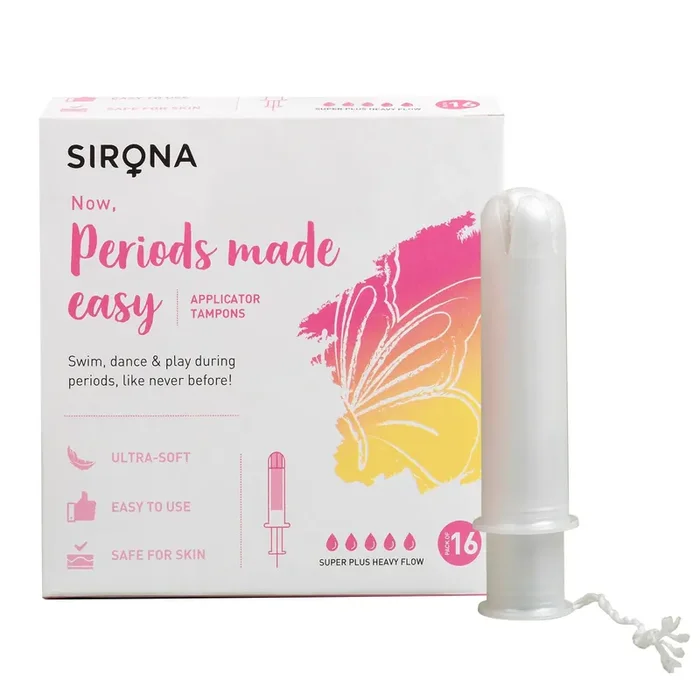 Sirona Period Made Easy Applicator Tampons for Heavy & Super Heavy Flow Biodegradable Tampons FDA Approved Ultra Soft & Comfortable Leak Free Highly Absorbent Tampons for Rash Free Periods 16 Pcs