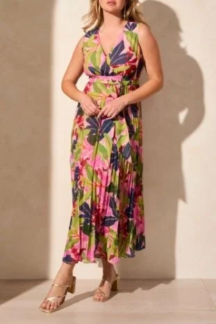 Sleeveless Plisse Dress w/Lining-Teaberry
