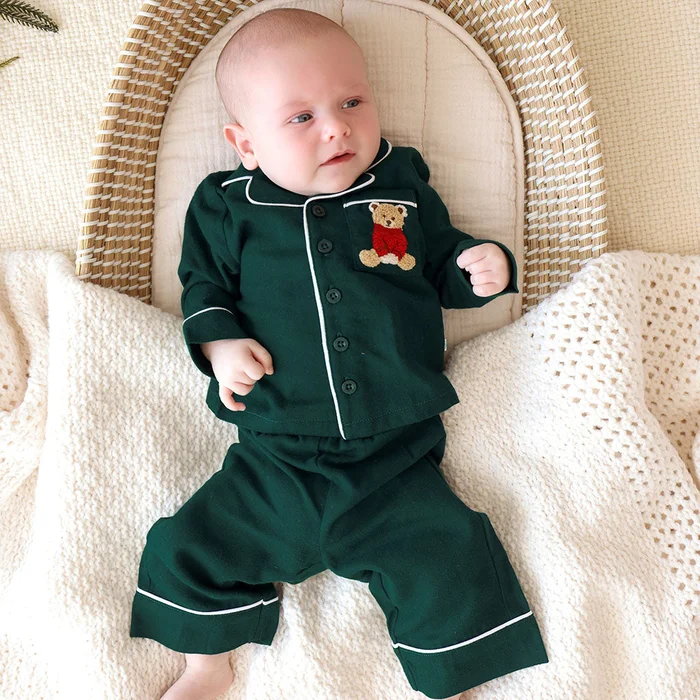 Solid Green Long Sleeve Forrest Green Flannelette Luxe Pajama Set | Posh Peanut®