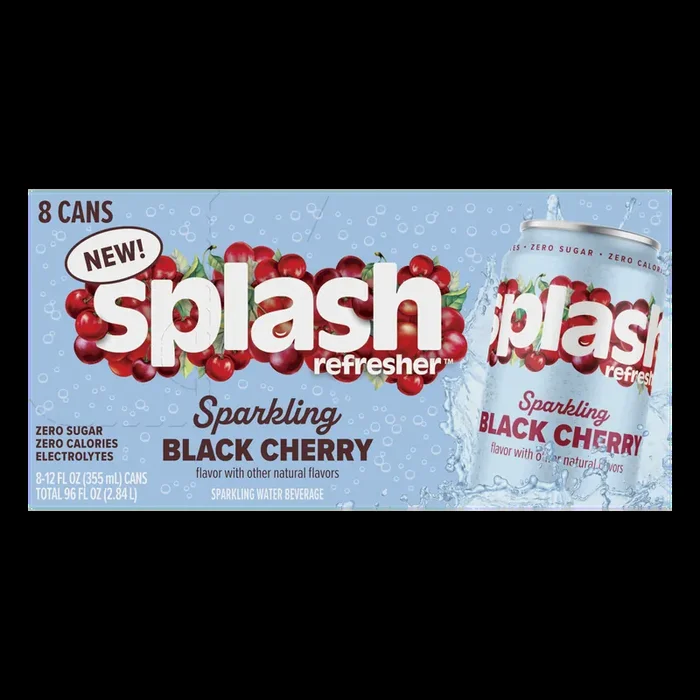 Splash Refresher Sparkling Water, Black Cherry Flavor – 12 Fl Oz Cans, 8 Pack