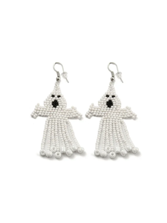 Spooky Ghost Seed Bead Tassel Earrings