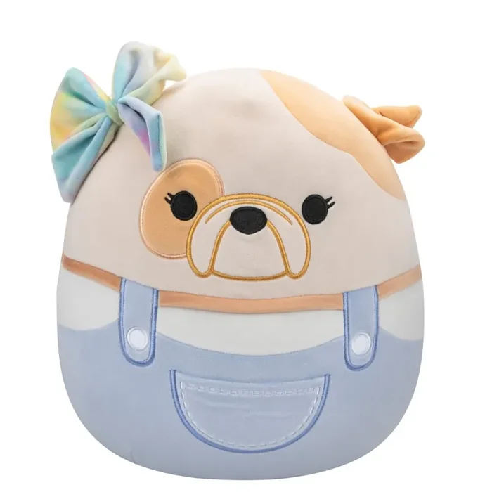 Squishmallows 10″ Tan And White Bulldog in Purple Overalls With Rainbow Bow
