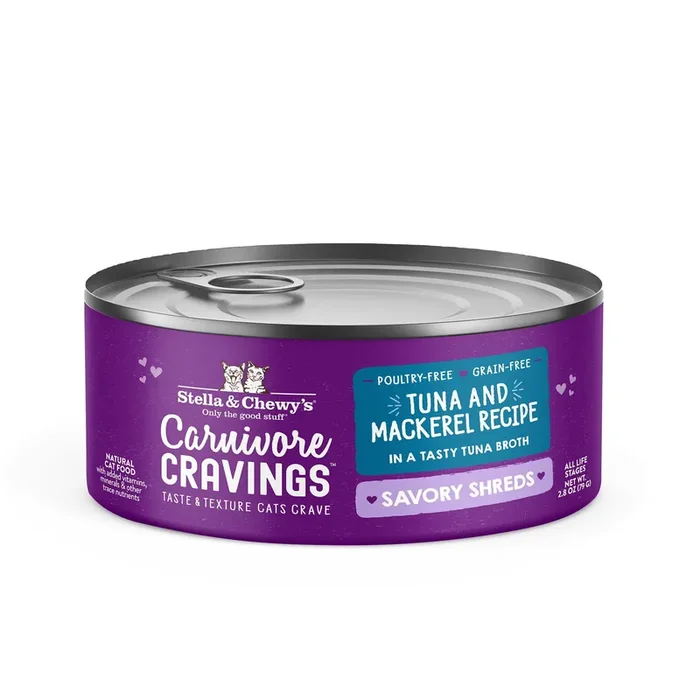 Stella & Chewy‘s Carnivore Cravings Savory Shreds Wild-Caught Tuna & Mackerel Recipe Wet Cat Food, 2.8 oz.