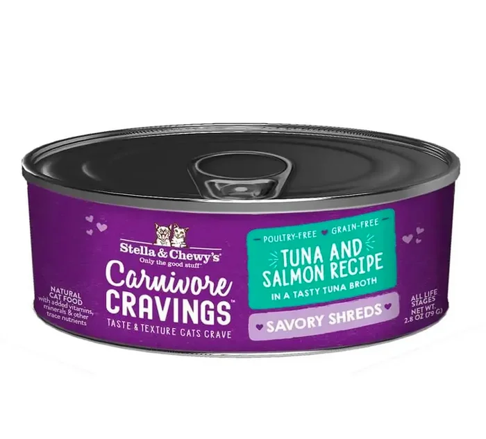 Stella & Chewy‘s Carnivore Cravings Savory Shreds Wild-Caught Tuna & Salmon Recipe Wet Cat Food, 2.8 oz.