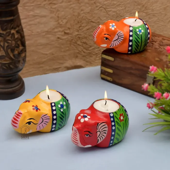 STLYZ Diyas for Diwali Elephant Tea Light Candle Handpainted Decorative Clay Mitti Diya with Wax Filled Deepak Lanterns for Diwali Decoration (Free Tealight Candle) (1 Piece), Terracotta