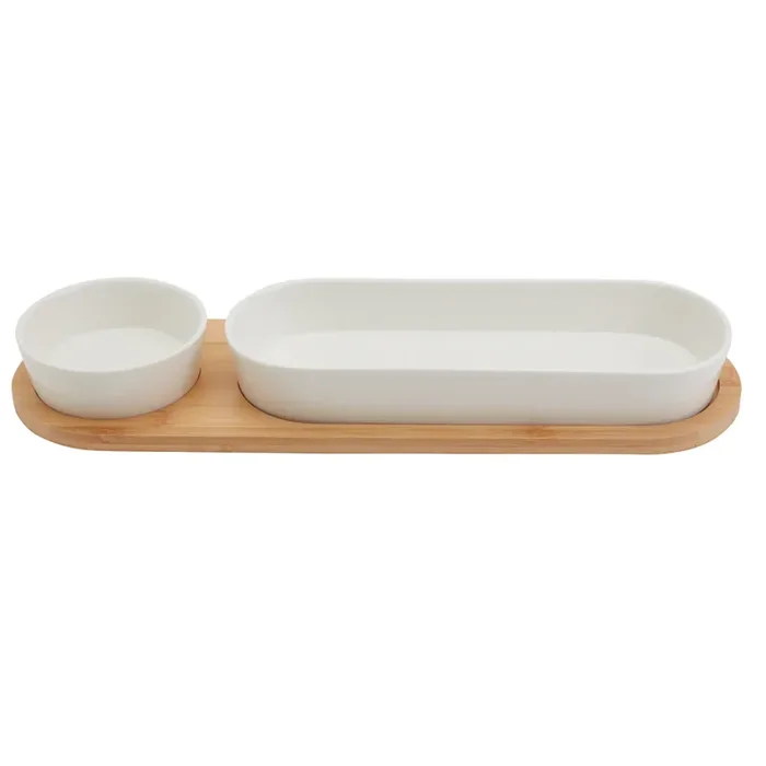 Stoneware & Bamboo Serving Set 3-Piece