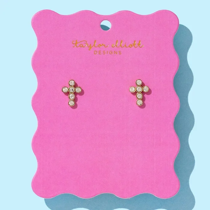 Stud Earrings – Gold-Plated + Crystal Gem Crosses – Faith