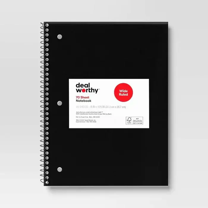 Subject Spiral Notebook Wide Ruled Black – Dealworthy™