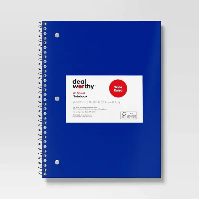Subject Spiral Notebook Wide Ruled Blue – Dealworthy™