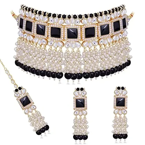 Sukkhi Traditional Square Shape with Beads Choker Necklace & Earring Maangtikka Set