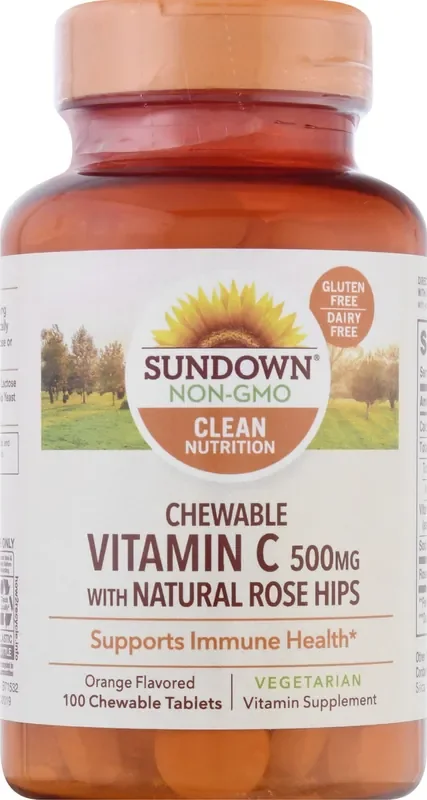 Sundown Non-GMO 500 mg with Natural Rose Hips Chewable Tablets Orange Flavored Vitamin C 100 ea
