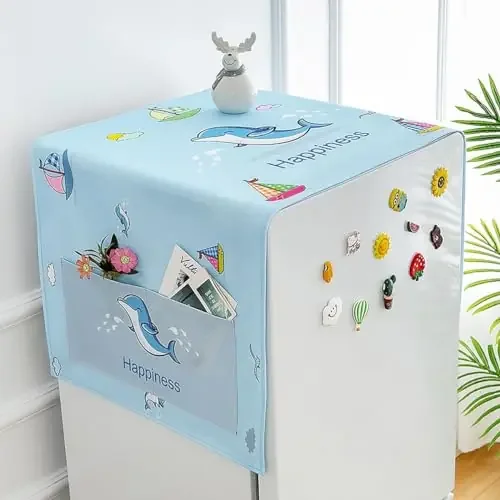 The Magic Makers 1Pc Fridge Cover For Top Single Door With 2 Utility Pockets Microwave/Washing Machine Dust Cover Waterproof Happy Dolphins