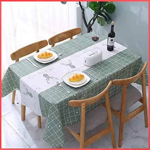 The Magic Makers 4 Seater Dining Table Cover & Center Table Cover – Green Elk Printed(Polyvinyl Chloride (Pvc) Rectangular Pack Of 1)