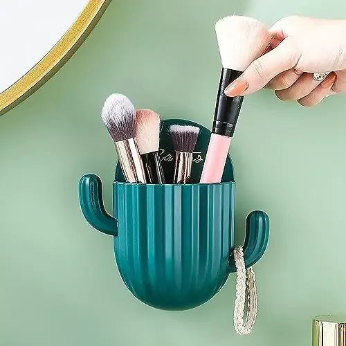 The Magic Makers Bathroom Cosmetic Organiser Storage Box Self-Adhesive Wall Mount With Hooks Green Cactus Plastic ; Polycarbonate